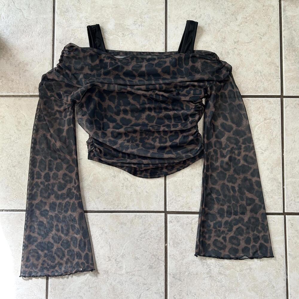 Shein Animal Print Leopard Sheer Flare Sleeve Scrunch Crop Top Women's Medium